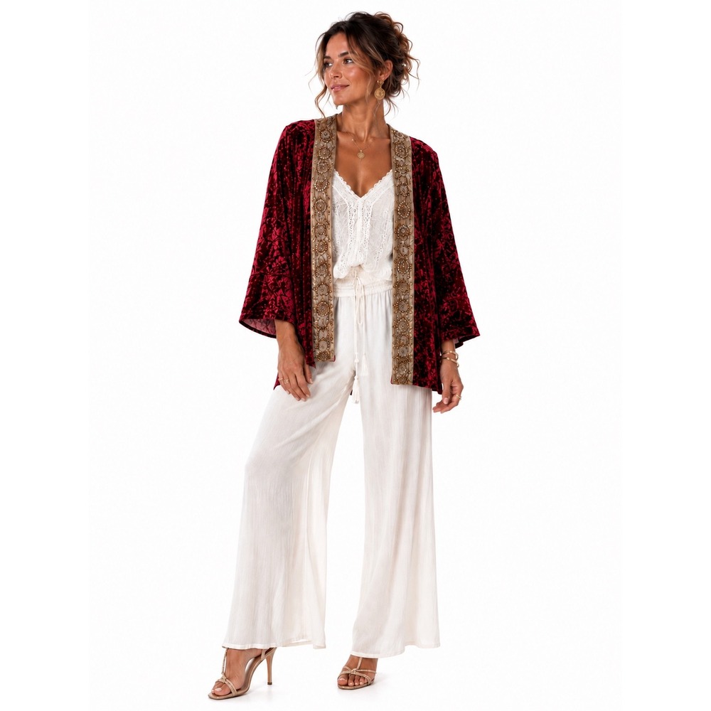 Soft Surroundings Cardigan L Red Crushed Velvet Embroidered Sequin Open Front